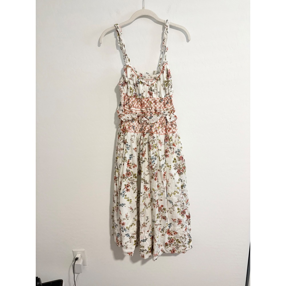 Anthropologie Floral Smocked Midi Dress White Orange Embroidery XS - Picture 2 of 6